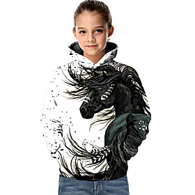 Enfants Bébé Fille Sweat à capuche et Sweat Manches Longues Cheval Imprimé en 3D Géométrique Animal Poche Blanche Enfants Hauts Actif basique Mode Casual Noël