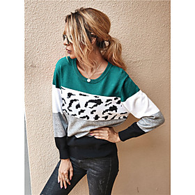 Women's Casual / Daily Color Block Geometric Pullover Long Sleeve Sweater Cardigans Round Neck Boat Neck Fall Winter Black Wine Fuchsia