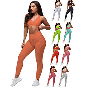 Women's 2 Pieces Tracksuit Yoga Suit Summer Ruched Butt Lifting Purple Red Navy Blue Spandex Fitness Gym Workout Running High Waist Leggings Bra Top Clothing S