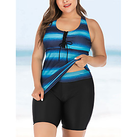 Women's Tankini 2 Piece Swimsuit Tummy Control Racerback High Waist Color Block Blue Navy Blue Plus Size Swimwear Bathing Suits New / Slim / Padded Bras / Beac