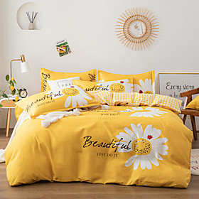 4-Pieces Bedding Set Daisy Flower Print Duvet Cover Set Ultra Soft and Easy Care, Bedding Queen Size Set