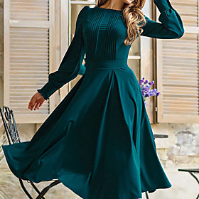 Women's A Line Dress Knee Length Dress Green Long Sleeve Solid Color Ruched Patchwork Spring Summer Round Neck Hot Casual Lantern Sleeve 2021 S M L XL XXL