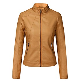 Women's Faux Leather Jacket Solid Colored Spring   Fall Regular Coat Daily Long Sleeve Jacket Yellow