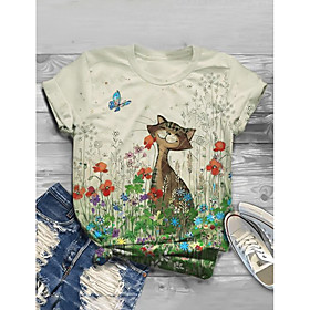 Women's T shirt Floral Flower Animal Long Sleeve Print Round Neck Basic Tops Beige