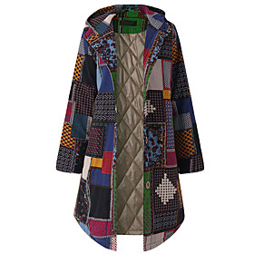 Women's Jacket Geometric Basic Hooded Long Coat Daily Long Sleeve Jacket Green / Plus Size