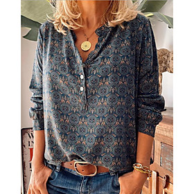 Women's Boho Blouse Shirt Floral Geometric Flower Long Sleeve Button Shirt Collar Bohemian Style Tops Loose Purple Wine Dusty Blue