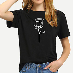 Women's T shirt Floral Flower Print Round Neck Basic Tops 100% Cotton White Black Yellow
