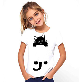 Kids Girls' T shirt Tee Short Sleeve Cat Animal Print White Children Tops Basic Holiday Cute