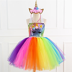 Kids Little Girls' Dress Unicorn Rainbow Patchwork Halloween Sequins Patchwork Rainbow Knee-length Sleeveless Streetwear Sophisticated Cute Dresses Halloween R