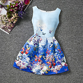 Kids Little Girls' Dress Butterfly Going out Weekend Print Blue Sleeveless Floral Dresses Summer Slim 6-12 Y