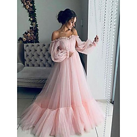 A-Line Minimalist Elegant Engagement Prom Dress Off Shoulder Long Sleeve Floor Length Tulle with Pleats Appliques 2021
