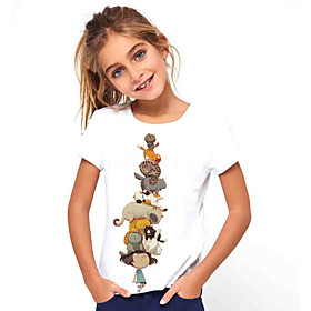 Kids Girls' T shirt Tee Short Sleeve Cat Anime Animal Print White Children Tops Basic Fashion Holiday