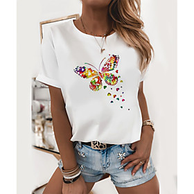Women's T shirt Butterfly Graphic Prints Printing Round Neck Tops 100% Cotton White