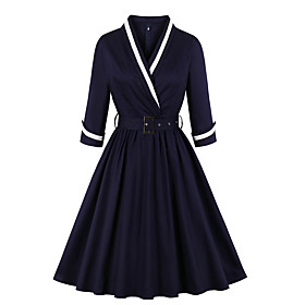 Women's Swing Dress Knee Length Dress Blue Wine Half Sleeve Print Zipper Patchwork Fall V Neck Hot Vintage Cotton 2021 S M L XL XXL 3XL 4XL