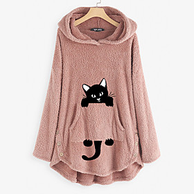 Femme Sweat à capuche Manteau Teddy Chat Animal Poche avant du quotidien basique Le style mignon Pulls Capuche Pulls molletonnés Ample Longue Noir Gris Vin