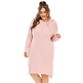 Women's Sweater Jumper Dress Knee Length Dress Blushing Pink Long Sleeve Solid Color Fall Winter Hooded Casual 2021 XL XXL 3XL / Plus Size