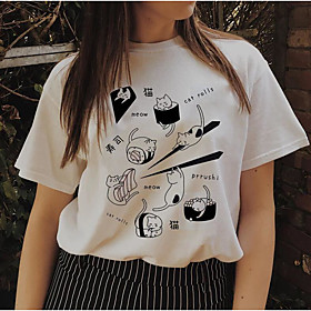 Women's T shirt Graphic Text Graphic Prints Print Round Neck Basic Tops 100% Cotton White