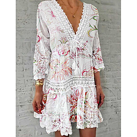 Women's Shirt Dress Short Mini Dress White 3/4 Length Sleeve Floral Lace Print Summer V Neck Hot Casual vacation dresses 2021 S M L XL XXL 3XL 4XL