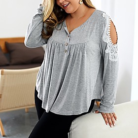 Women's Plus Size Blouse Shirt Solid Colored Long Sleeve Cut Out Round Neck Basic Tops Black Army Green Gray