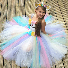 Kids Little Girls' Dress Daisy Patchwork Jacquard Halloween Mesh Patchwork Rainbow Maxi Sleeveless Flower Sophisticated Cute Dresses New Year Regular Fit