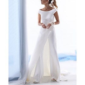Jumpsuits Wedding Dresses Jewel Neck Floor Length Stretch Satin Sleeveless Simple with 2021