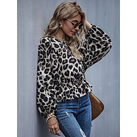 Women's Blouse Shirt Leopard Cheetah Print Long Sleeve Print Round Neck Basic Tops Light Brown Beige