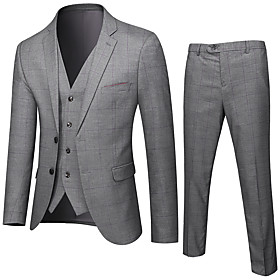 Men's Suits Pants Blazer Waistcoat Houndstooth Single Breasted Regular Fit Polyester Men's Suit Gray - Notch lapel collar