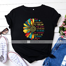 Women's T shirt Floral Graphic Text Print Round Neck Basic Tops 100% Cotton White Black Yellow / Sunflower