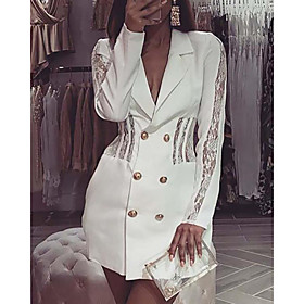 Women's A Line Dress Short Mini Dress White Long Sleeve Solid Color Lace Button Front Summer V Neck Casual 2021 S M L XL