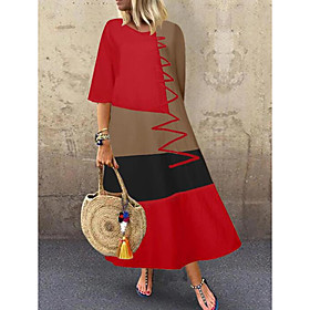 Women's Swing Dress Maxi long Dress White Red Khaki Gray Half Sleeve Color Block Patchwork Summer Round Neck Hot Casual Cotton 2021 M L XL XXL 3XL 4XL 5XL