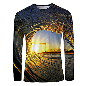 Men's T shirt Shirt Graphic Scenery Print Long Sleeve Daily Tops Basic Elegant Round Neck Gold