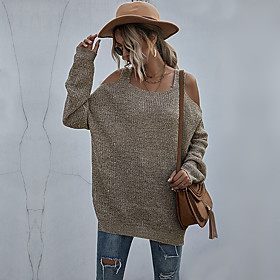 Women's Pullover Knitted Plain Solid Colored Basic Long Sleeve Loose Sweater Cardigans Strap Fall Winter Khaki