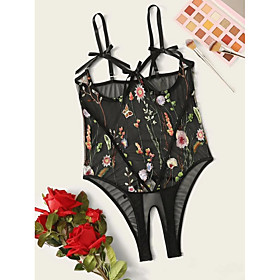 Women's Mesh Lace Bow Erotic Bodysuits Nightwear Jacquard Embroidered Black S M L / Strap / Strap