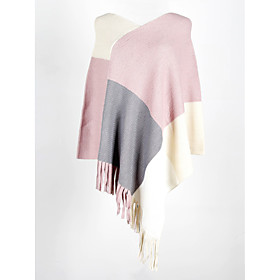 Women's Cloak / Capes Color Block Tassel Fringe Basic Fall  Winter V Neck Long Coat Daily Long Sleeve Jacket Blushing Pink