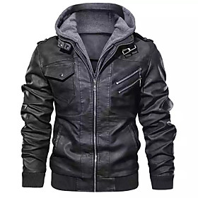 Men's Faux Leather Jacket Solid Colored Fall  Winter Stand Collar Regular Coat Daily Long Sleeve Jacket Gray / Hooded