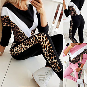 Women's Sweatsuit 2 Piece Set Color Block Leopard Print Crew Neck Leopard Sport Athleisure Clothing Suit Long Sleeve Comfortable Everyday Use Causal Casual Dai