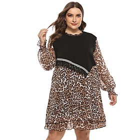 Women's Chiffon Dress Knee Length Dress Black Long Sleeve Leopard Tassel Fringe Lace Patchwork Fall Spring Round Neck Elegant 2021 L XL XXL 3XL 4XL 5XL / Plus