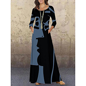 Women's Swing Dress Maxi long Dress Blue Black Red Long Sleeve Print Print Fall Round Neck Vintage Loose 2021 M L XL XXL 3XL 4XL