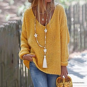 Women's Pullover Knitted Plain Solid Color Basic Acrylic Fibers Long Sleeve Sweater Cardigans V Neck Fall Blue Yellow Gray