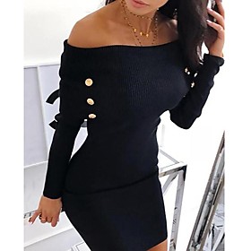 Women's Sheath Dress Short Mini Dress Black Long Sleeve Solid Color Button Fall Spring Off Shoulder Sexy 2021 S M L XL XXL