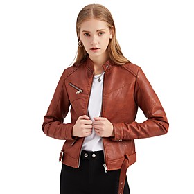 Women's Faux Leather Jacket Solid Colored Rivet Basic Fall Stand Collar Short Coat Daily Long Sleeve Jacket Blushing Pink