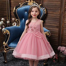 Kids Little Girls' Dress Solid Colored Embroidered Lace Bow White Blue Blushing Pink Maxi Sleeveless Active Cute Dresses