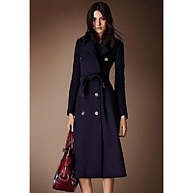 Women's Coat Solid Colored Basic Fall  Winter Long Coat Daily Long Sleeve Jacket Navy Blue / Wool