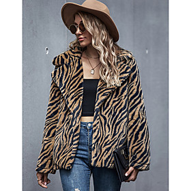 Women's Leopard Patchwork Basic Fall  Winter Teddy Coat Regular Daily Long Sleeve Polyester Coat Tops Light Brown