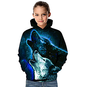 Sweat à capuche et Sweat Fille Enfants Bébé Manches Longues Loup Géométrique 3D Animal Imprimer Bleu Enfants Hauts Actif basique