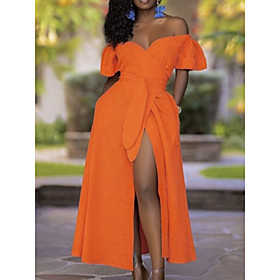Women's A Line Dress Maxi long Dress Orange Short Sleeve Solid Color Fall Off Shoulder Elegant 2021 S M L XL XXL 3XL