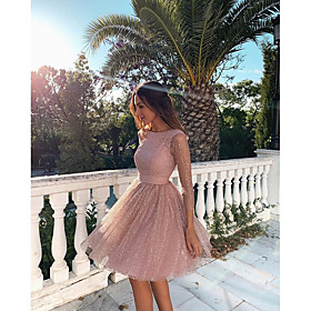 Women's A Line Dress Knee Length Dress Blushing Pink Long Sleeve Solid Color Backless Sequins Zipper Fall Spring Round Neck Hot Sexy Party 2021 S M L XL XXL