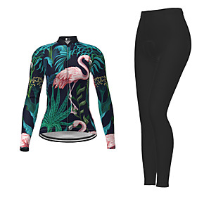 21Grams Women's Long Sleeve Cycling Jersey with Tights Winter Polyester Dark Green Novelty Bike Jersey Tights Clothing Suit Moisture Wicking Quick Dry Breathab