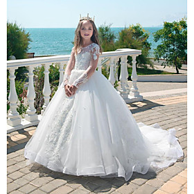 Princess Court Train Flower Girl Dresses Party Lace Long Sleeve Jewel Neck with Lace