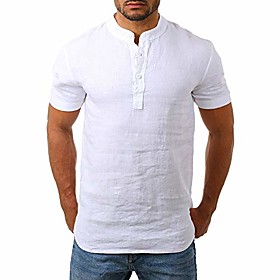 Men's Shirt Solid Color Short Sleeve Street Tops Cotton Lightweight Casual / Sporty Breathable Henley Light Blue khaki White / Beach